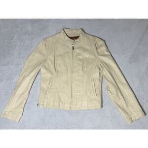 VTG Wilson's Maxima Mandarin Collar Ivory Leather Moto Jacket M READ DESCRIPTION